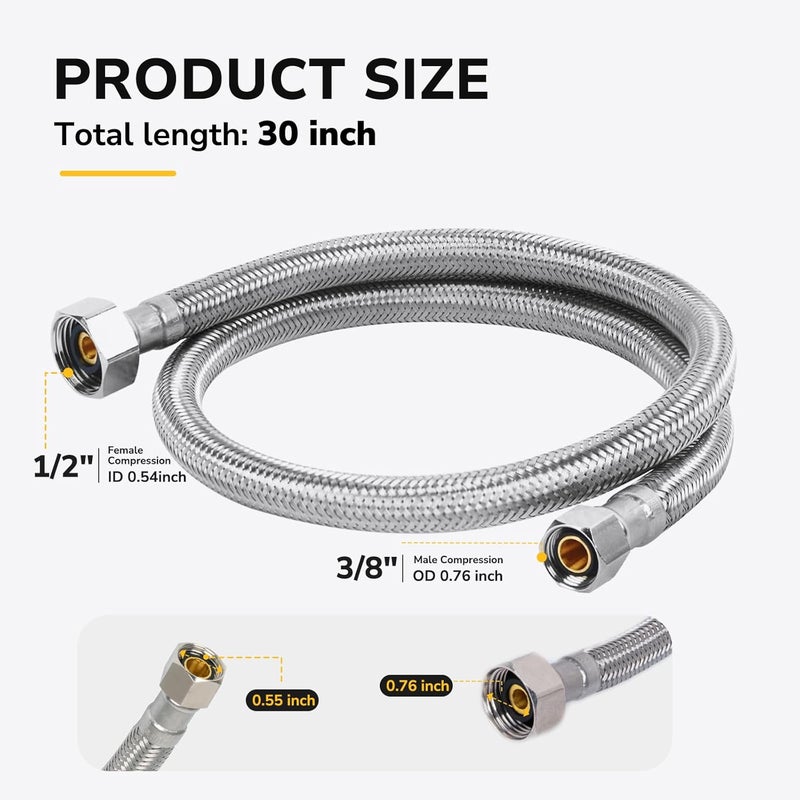KAINGA 30" Faucet Supply Line, 3/8 inch Comp x 1/2 inch FIP Faucet Connector, Braided Stainless Steel Faucet Hose for Bathroom Sink and Kitchen, Leak-Resistant cUPC Certified Water Supply Line, 2 Pack - Image 2